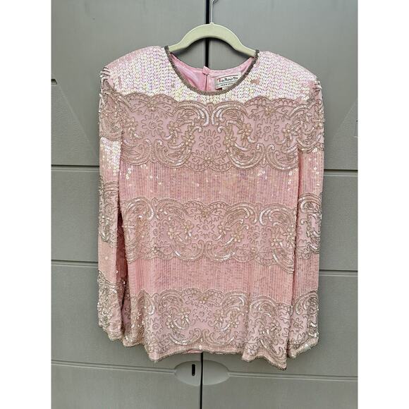 Vintage Talbots Joan Leslie Womens Pink All Over Sequin Beaded Silk Blouse Sz L - Picture 2 of 9
